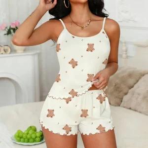 Cute Printed Pattern Women’s Loungewear Camisole Short Pajama Set With Elastic Waist