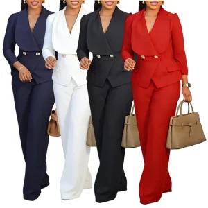D3357 Ladies Suits Office Wear Set for Women Suit Collar and Wide Leg Pants Two Piece Formal