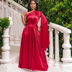 D407 Independent Station Foreign Trade Women’s New Vintage Shoulder Pleated Long Dress Asymmetrical Neck High Waist Dress