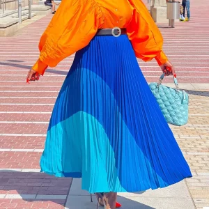 D436 Independent Station Large Size Women’s Clothing Autumn New Fashion Elastic Pleated Skirt Color-Blocking Skirt