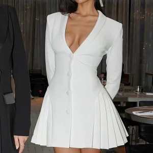 D4616778G Hot Selling Women’s Spring Deep V Neck Lapel Dress Pleated Waist Solid Color Casual Bodycon Mini Dress