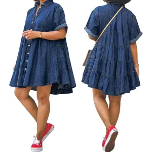 D8662 Women’s Clothes Fashion Plus Size Dresses Short Sleeve Button Loose Casual Jean Dresses for Ladies
