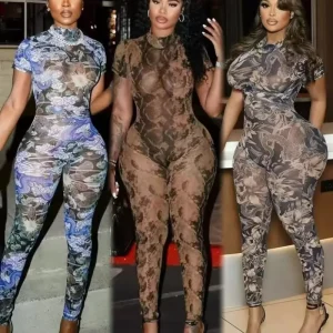 D9707 Summer Women’s Sexy Jumpsuit Backless Print Mesh See Through Jumpsuit Short Sleeve Romper Women