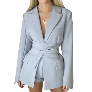 DEEP V NECK Lace Up Belt Long Office Work Suit Women’s Black Slim Fit Blazer