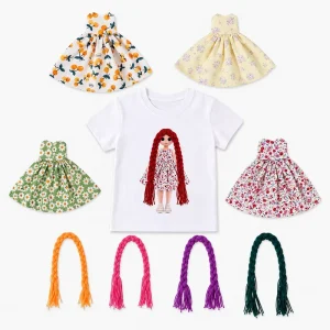 DIY Velcro Interchangeable Printed Sweet Dress Doll Tee Girls 100% Cotton Breathable Short Sleeve Washable