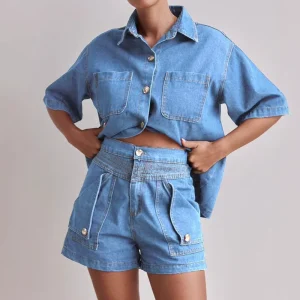D&M OEM Women’s Casual Vintage Loose Shirt Denim Jacket Shorts 2 Piece Set Denim Women’s Denim Jacket Top + Shorts Set