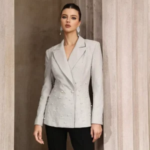 D&M Velvet Formal Blazer for Women Black Regular Fit Elegant Fall Winter Vintage Style Coat with Pearls ODM Supply