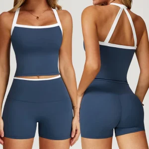 DTL Contrast Color Yoga Set Halter Strap Sports Bra Cross Beautiful Back Tight Gym Suit Women’s Running Sports Fitness Set