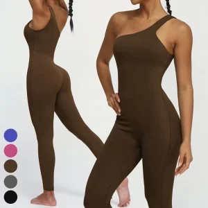 Dance Sports Tight Rompers One Shoulder Workout Bodysuit One Piece Gym Jumpsuits Yoga Jumpsuit Women’s Sets With Removable Pads