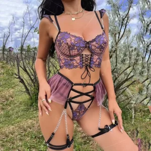 Daring Lingerie for Women Purple Tulle Bra and Panties Set Delicate Embroidery Romantic Women’s Underwear Intimate Sexy Lingerie