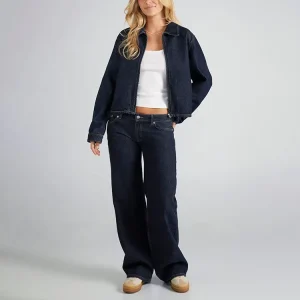 Dark Blue Raw Denim Loose Low-Waist Jeans for Women 100% Cotton Straight Fit Casual Trousers OEM Factory Supply