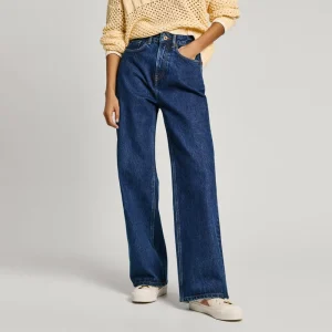 Dark Blue Woman Trousers Denim Jeans Mid Rise Straight Leg Washed Color Jeans for Female