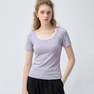 Dark Gray Short Sleeve Contrast Color White Trim Knit Top For Women Slim Fit Ribbed Square Collar Casual Basic Knit