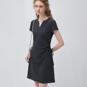 Dark Grey V Neck Midi Dress For Women With Side Drawstring Waist And Short Sleeves Casual Cotton Blend Dress