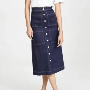 Dark Wash Blue Women’s Denim Midi Skirt Long Straight Silhouette A-Line Stitching Casual Summer Wear