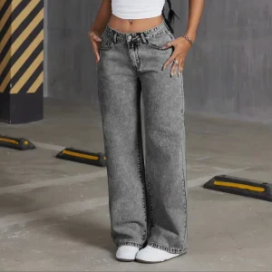 Dark Wash Embroidered Women’s High Waist Jeans Straight Leg Pants Bow Button Wide Leg Loose Casual Solid Breathable Denim