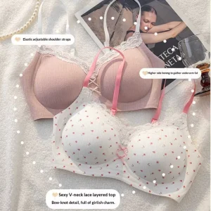 Deep V Push-Up Bra for Small Bust Comfort Side Fat Control Close-Fitting Seamless Women’s Floral Lace Bra
