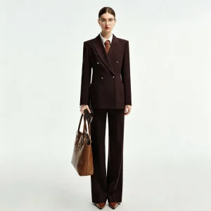 Deep Wine Blazer Custom Women’s Double Breasted Wide Leg Design Suit US Sizes for Polished Professional Statement
