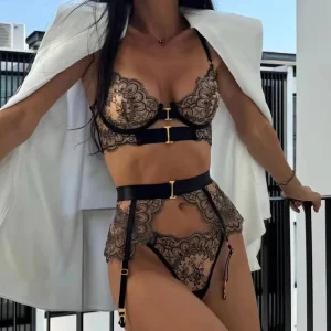 Delicate Embroidery Black Lace See Through Women’s Bra And Panty Set
