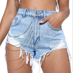 Denim Short High Waist Blue Women’s Jean Shorts with Chains Skinny Fit Jeans XL Size Sexy Summer Short Jeans Ripped Frayed Hem
