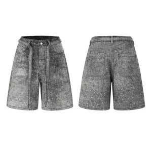 Denim Shorts Heavyweight Rhinestone Jorts Mens High Street Washed Crystal Studded Wide Leg Hotfix Diamond Shorts