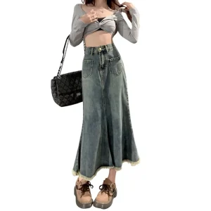 Denim Skirt Women’s Mid-Length High-Waisted A-Line Fishtail Bodycon Japanese Korean Style Distressed Look Large Flared Hem Retro
