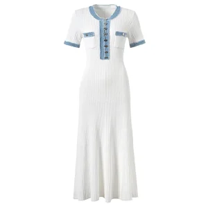Designed Patchwork Lady Summer Wear Women’s O-neck Short Sleeve Single-breasted Knitted Fit and Flare Maxi Dress
