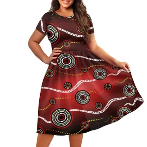 Designer Exclusive Customization Australian Tribal Aboriginal Design Women’s Short Sleeve Wide Collar Dress Print on Demand