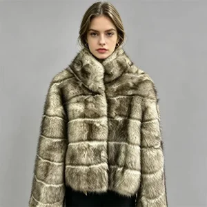 Designer Women’s Short Faux Fur Coat Solid Color Notched Collar Puffy Single Breasted Eco Friendly Windproof Short Jacket