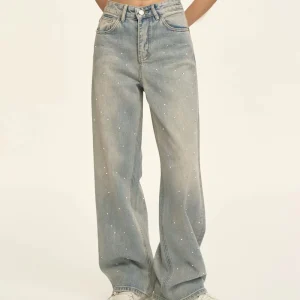 Diamond Straight Wide Leg High Waist Streetwear Jeans Women Breathable Button High Quality Plus Size Casual Solid Denim