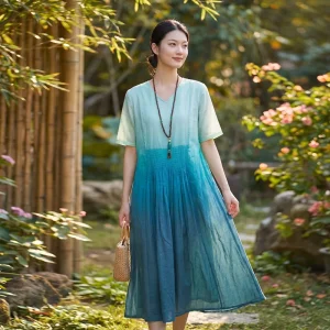 Dip Dye Gradient Flared Summer Dress Ladies Breathable Maxi Dress Long Ombre Flared Dress Women’s Summer Dresses