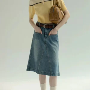 Distressed Fishtail Retro Chic Midi Skirt, High-Waisted Women’s Skirt
