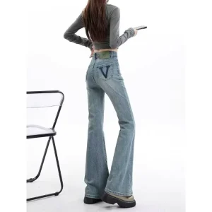 Distressed Vintage Factory Denim Jeans Women’s Streetwear Mid Waist Regular Fit Full Length Flare Leg Casual Pants