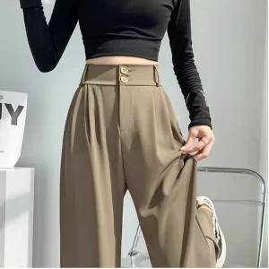 Double Button Women Long Formal Pants High Waist Pockets Pleated Trousers Summer Autumn Lady Fashion Loose Suit Pants