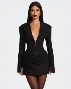 Double Layer Ruched Sexy Blazer Dresses With Scarf Women Autumn Winter Fashion Long Sleeve Club Party Mini Dress