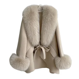 Double Sided Belt Closure Durable and Stylish Winter Women’s Mid Length Wool Overcoat with Fox Fur