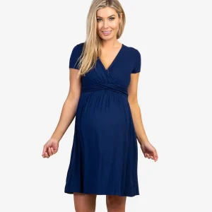 Draped Front V Neck Short Sleeve Pregnant Nursing Midi Dress Maternity Clothing
