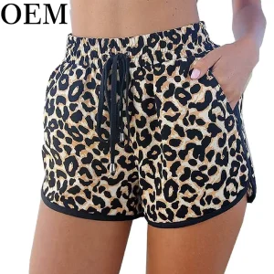 Drawstring Casual Pants for Women Summer Beach Shorts Leopard Print