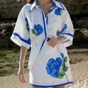 Dress Factory Summer New European American Women’s Casual Printed Breathable Short Sleeved Knee Skirt Suit Daily Wear 100%