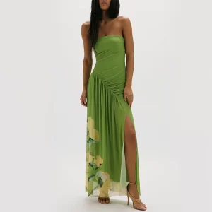 Dress Manufacturer Custom Women’s Strapless Asymmetric Waistline Side Slit Floral Print Strapless Maxi Dress