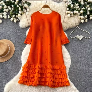 Dress Material for Women A-Line Relaxed Short Sleeve High-Waist Beaded Ruffle Hem Office Casual Pleated Dresses