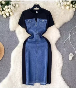 Dress Women Custom Women Clothes New Round Collar Short Sleeve Patchwork Denim Dress Women’s Fashion Casual Dress