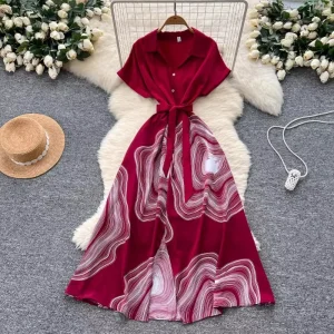 Dresses French Style Niche Strap Waist Cinched Lapel Short Sleeved Printed Dress Women’s Summer Casual Slimming Vestidos