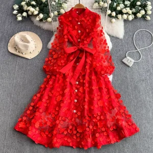 Dresses Women Lady Elegant Women’s 3D Floral Stand Collar Dress Relaxed Fit Gown Casual Party Dress Fashion Women Clothes