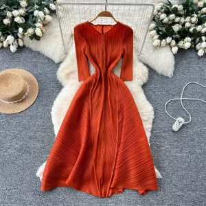 Dresses Women Lady Elegant Women’s V-Neck Pleated A-Line Dress Waist-Defining Office Dress Fashionable Casual Pleated Dress