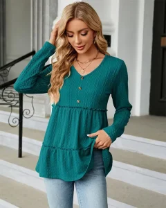 Dressy Babydoll Blouse Top Jacquard Textured V Neck Solid Loose Casual Top for Women Modest Matching T Shirt Top