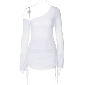 Dropshipping High Quality Women’s Sloping Shoulder Sexy Long Sleeve Mini Elegant Casual Dresses Bodycon Dress