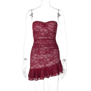 Dropshipping Summer Casual Dresses Transparent Erotic Lingerie with Elastic Waist Closure Women’s Red Sexy Lace Nighty Dress