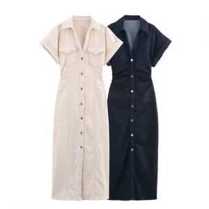 Dropshipping Summer New Fashion Women Denim Casual Dresses V neck Vintage Short Sleeve Shirts Dress