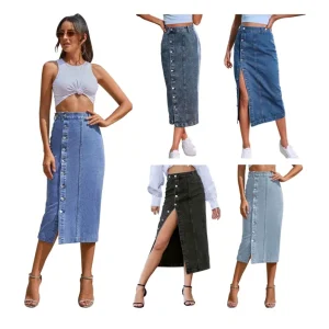 Dropshipping Women’S Europe and the United States Button Irregular Split Denim High Waist Long Skirt
